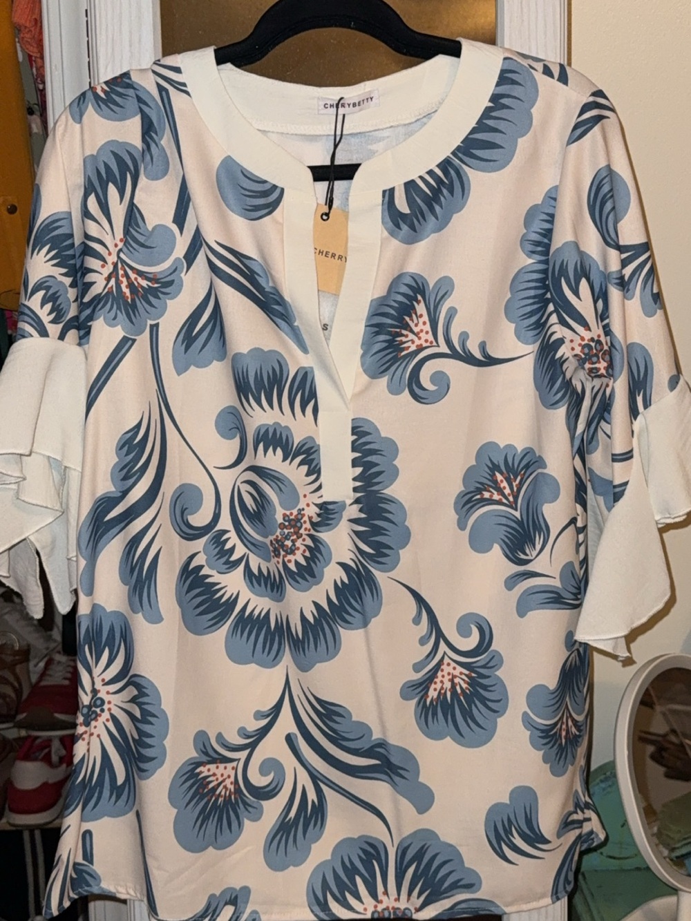 Cherry Betty Cream Top with Blue Floral Print
